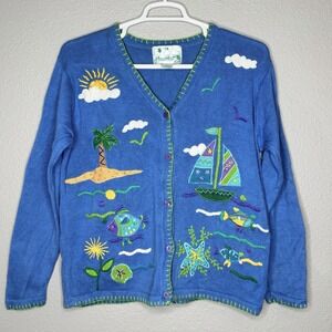 VTG Quacker Factory Cardigan Sweater Nautical Fish Sailboat Blue Knit Top L